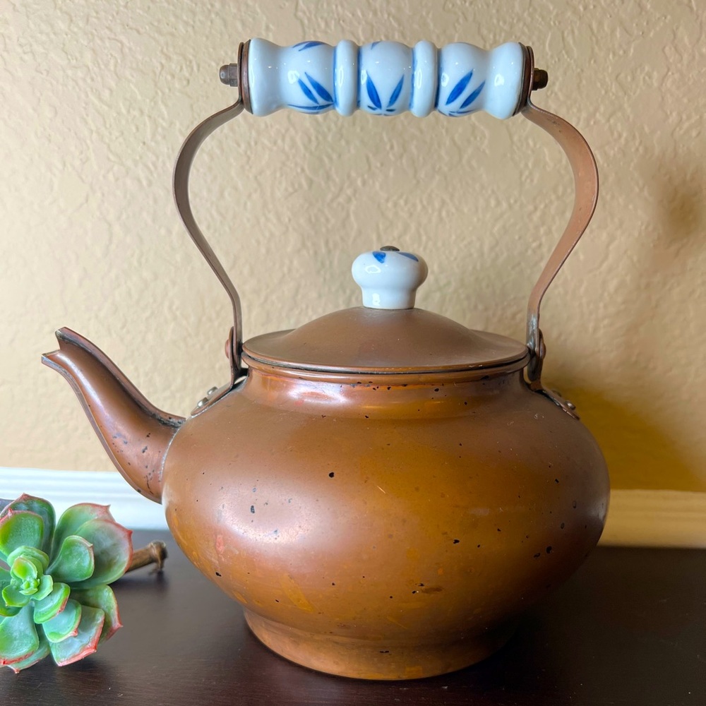 Vintage Copper Tea Pot/ Kettle w Delft Blue Ceramic Handle, Tea Party, Flower Va